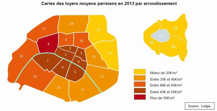 Carte des loyers location meublée à Paris - Baromètre Lodgis 2013